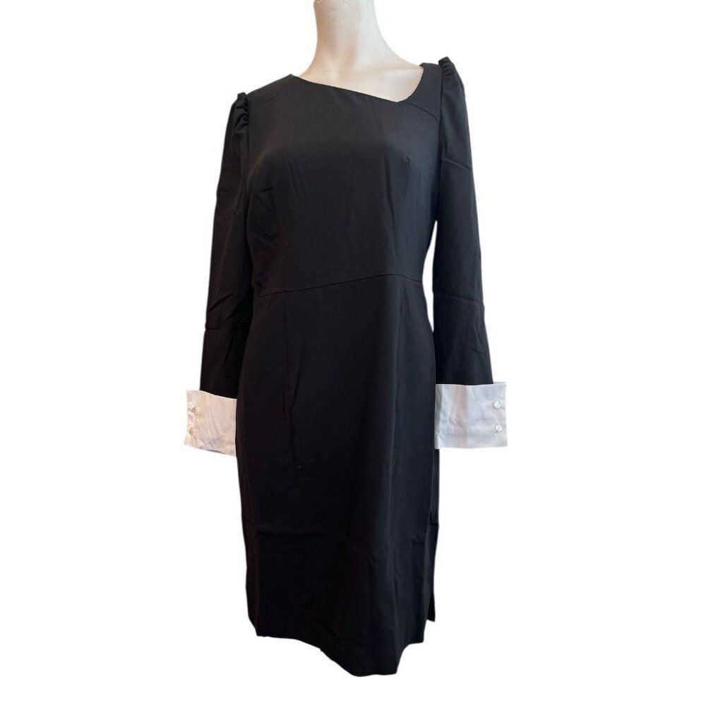 Seragyi Size 10 Black Auggie Dress White Cuffs Knee Length Wool NWT $475